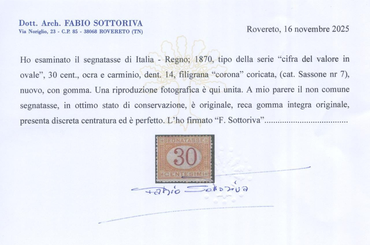Regno 1870 Segnatasse 30c ocra carminio francobollo nuovo**