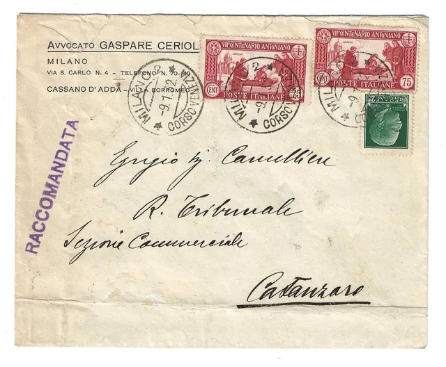 TS Collezionismo Filatelia 1932 Regno busta S. Antonio 75 c usata