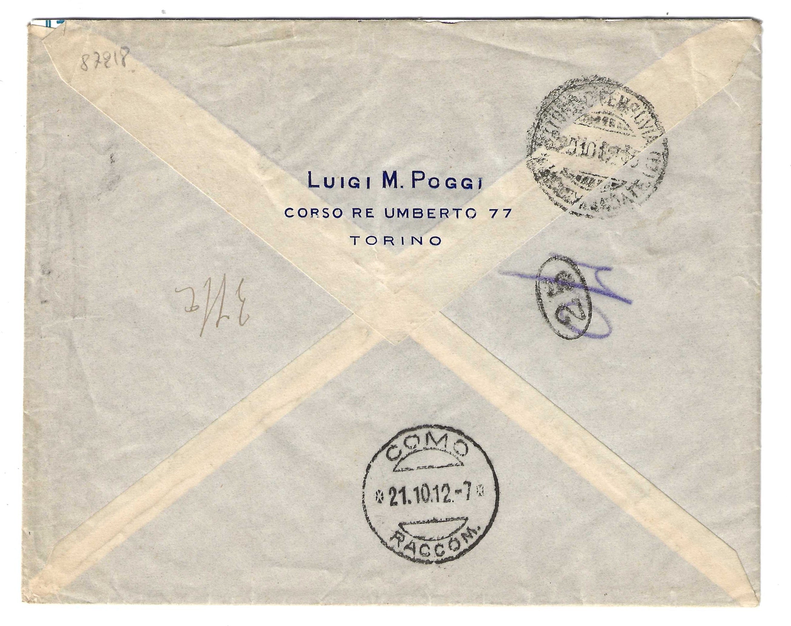 Regno Italia Busta 1912 Torino-Como Floreale Leoni S.Marco