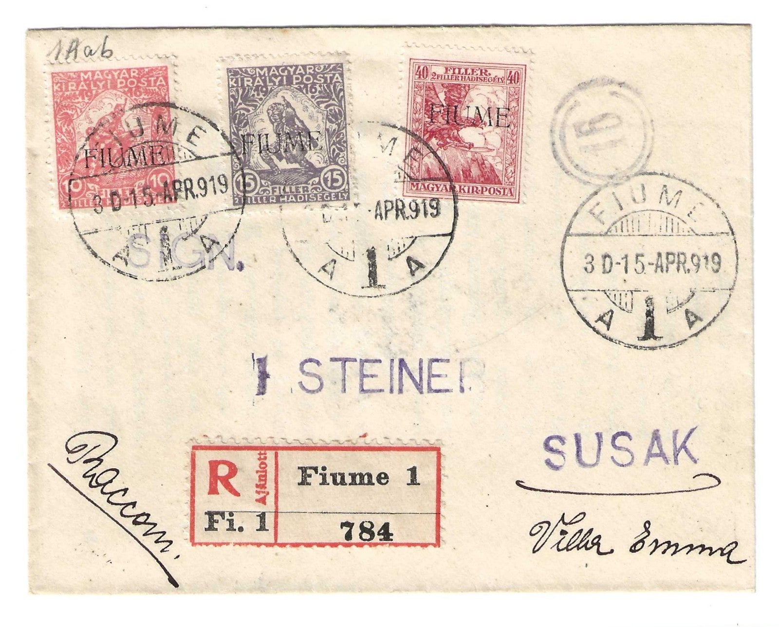 TS Filatelia Fiume 1919 busta raccomandata Susak 10+2 vermiglio