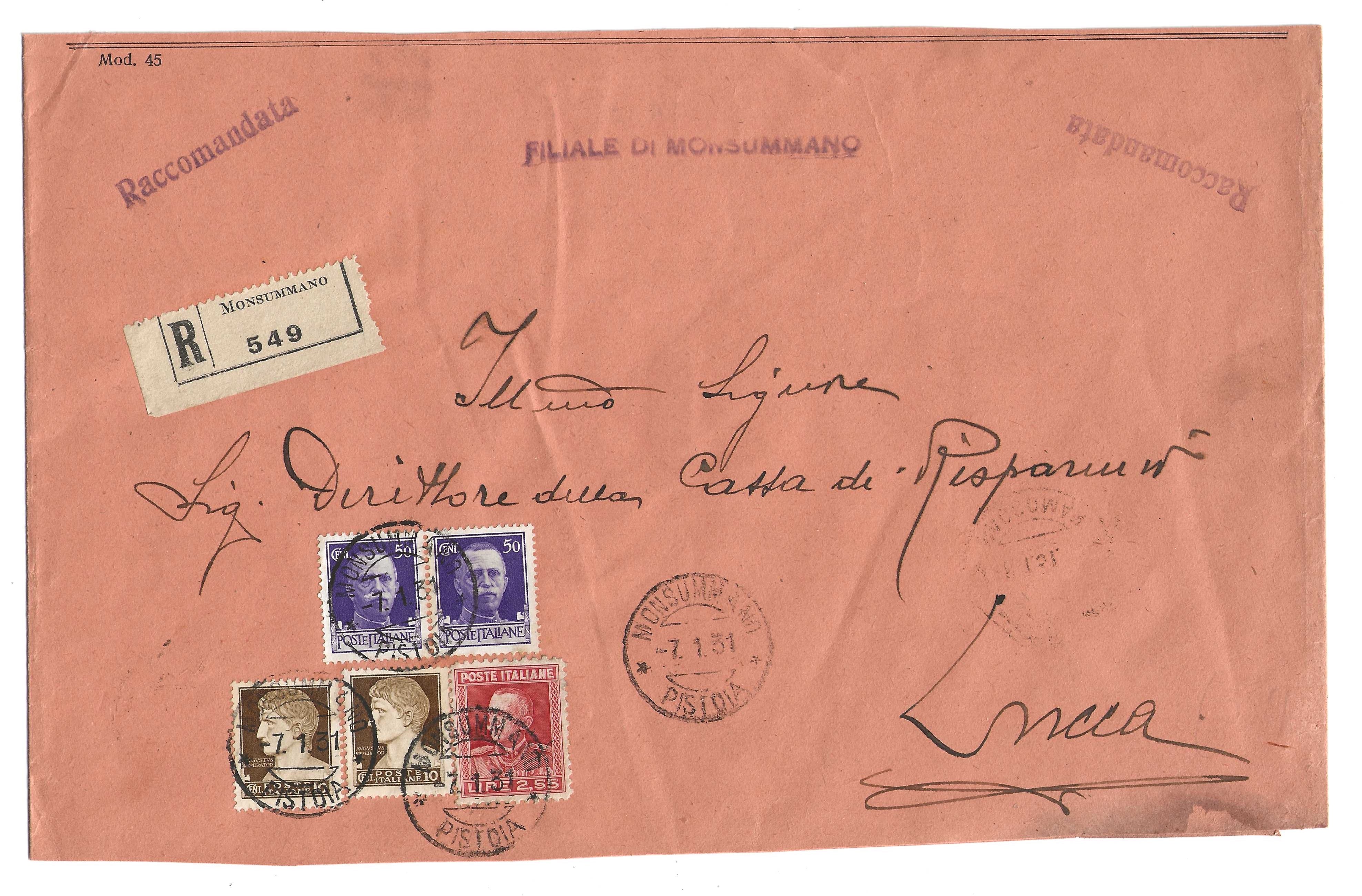 Regno d'Italia busta 1931 Monsummano-Lucca Parmeggiani 2,55 l