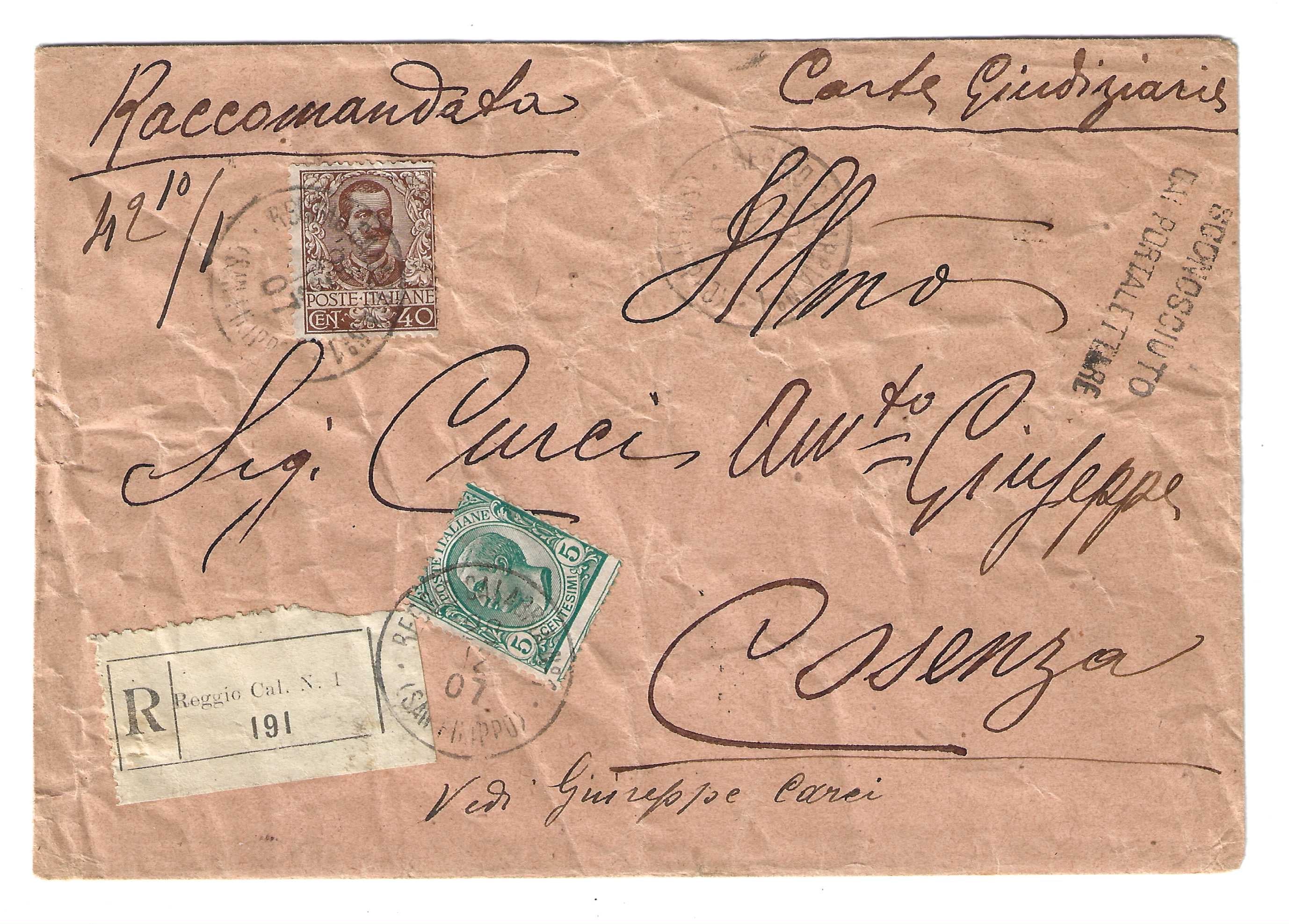 TS Collezionismo Filatelia Regno Italia 1901 busta raccomandata Cosenza