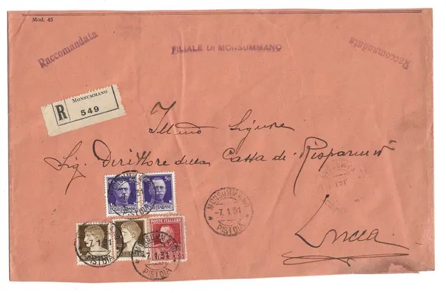 Regno d'Italia busta 1931 Monsummano-Lucca Parmeggiani 2,55 l