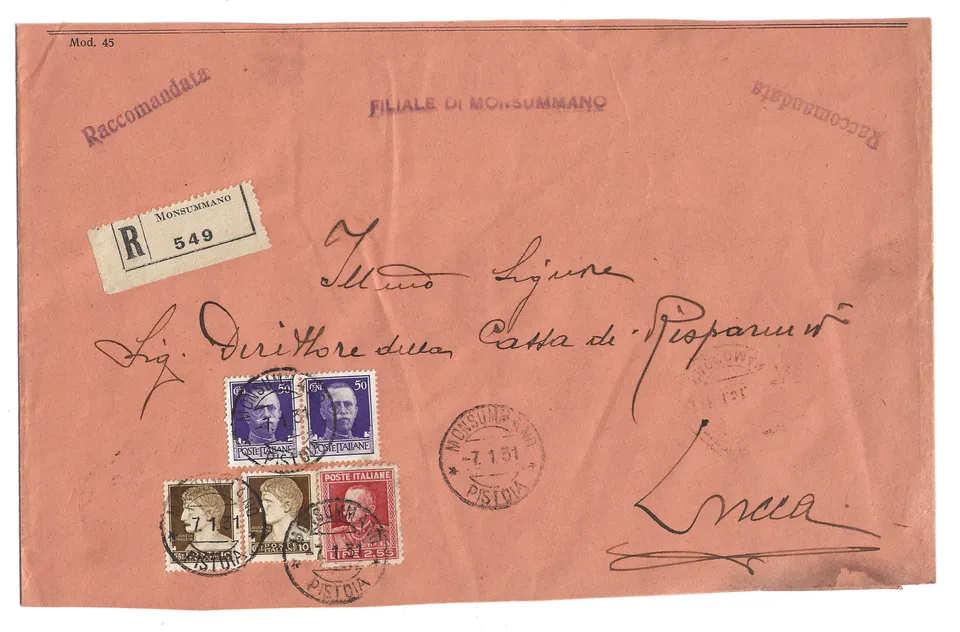 Regno d'Italia busta 1931 Monsummano-Lucca Parmeggiani 2,55 l