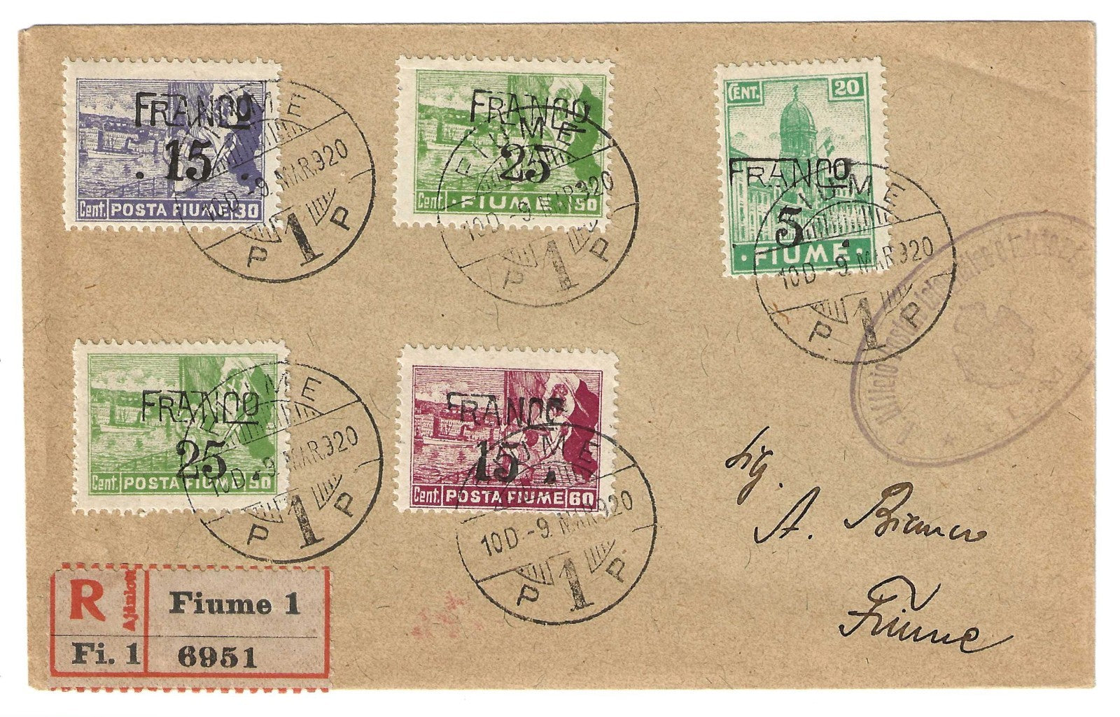 Filatelia Fiume 1920 Busta Raccomandata Allegorie Carta C Usata