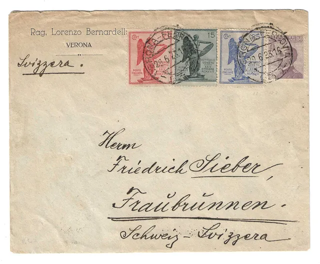TS Collezionismo Filatelia Busta 1923 Svizzera Vittoria tricolore