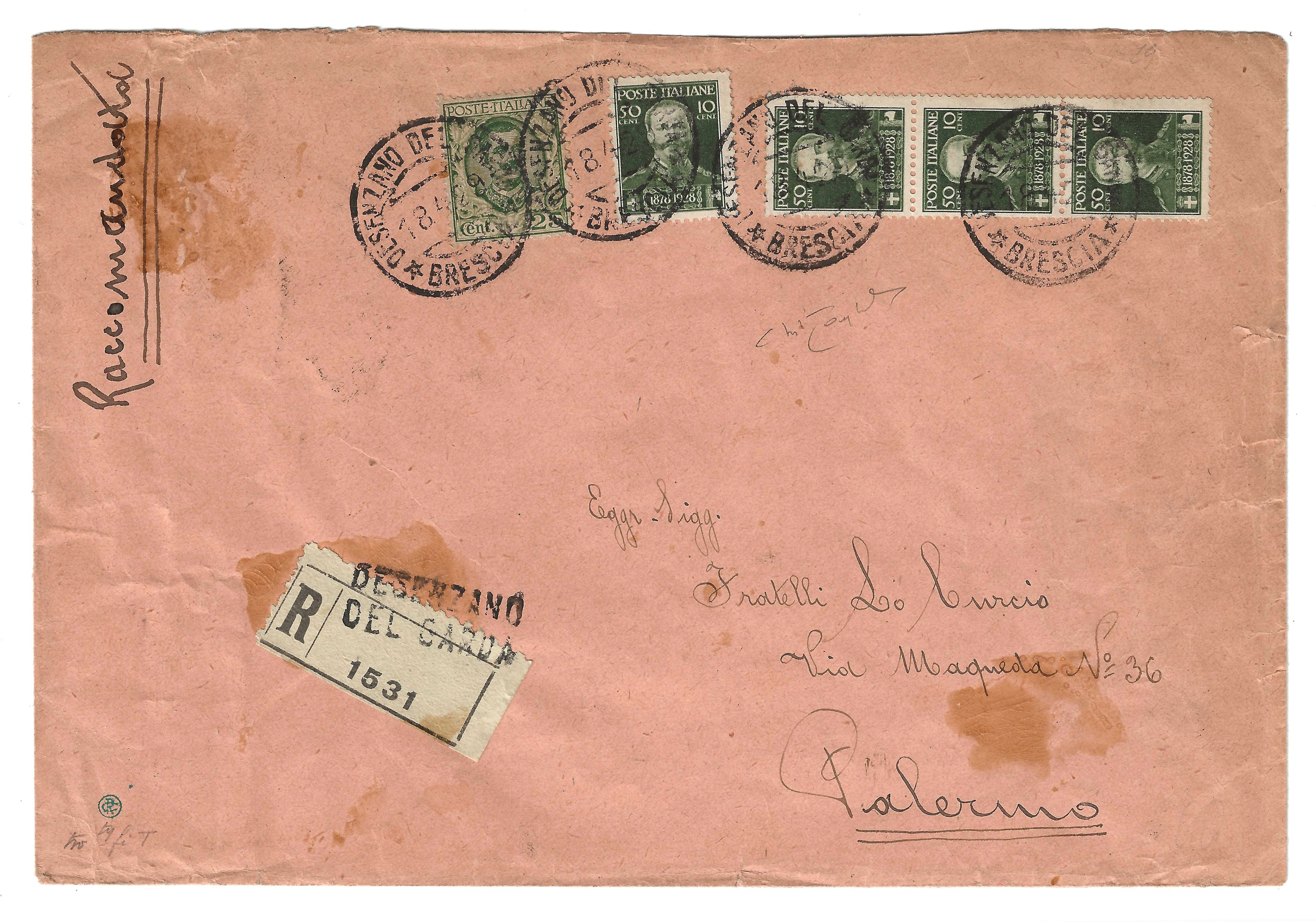 Busta 1929 Palermo Vittorio Emanuele 50+10c Raccomandata Firmata