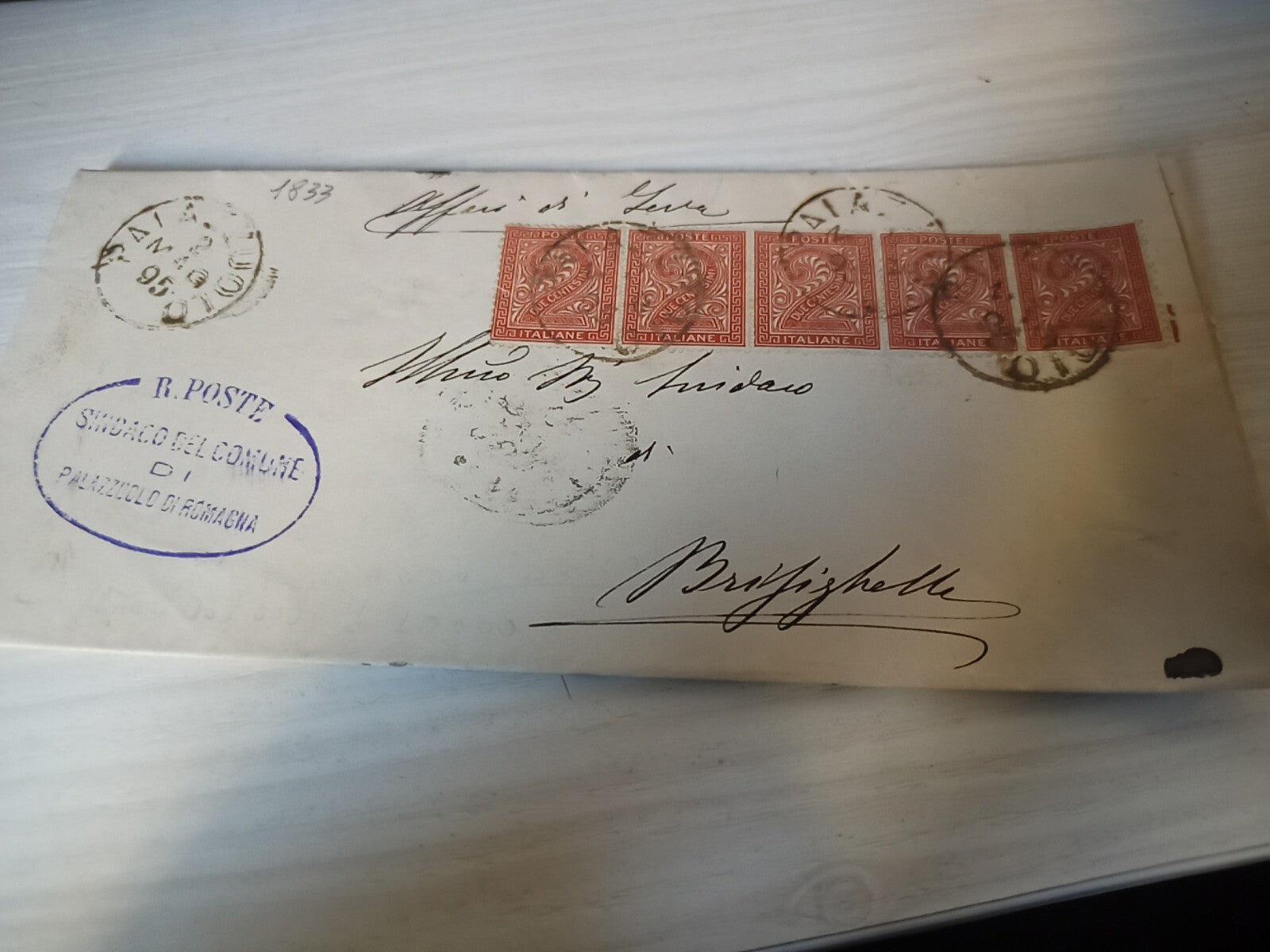 TS Collezionismo Filatelia Documento 1895 Striscia 5 De La Rue 2 Cent