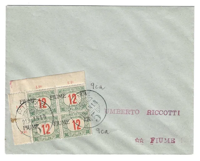 TS Collezionismo Filatelia 1919 Fiume Busta Quartina Segnatasse Spostata