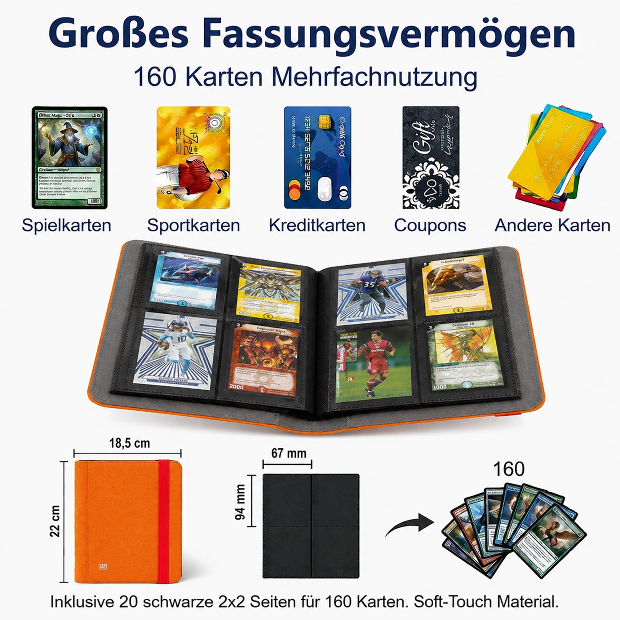 Safe Sammelkarten Album 160 Carte Arancione Soft-Touch Elastico