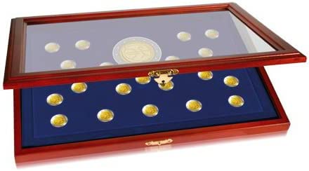 Safe Vetrina Monete Legno 20 Scomparti 2 Euro Velluto Blu
