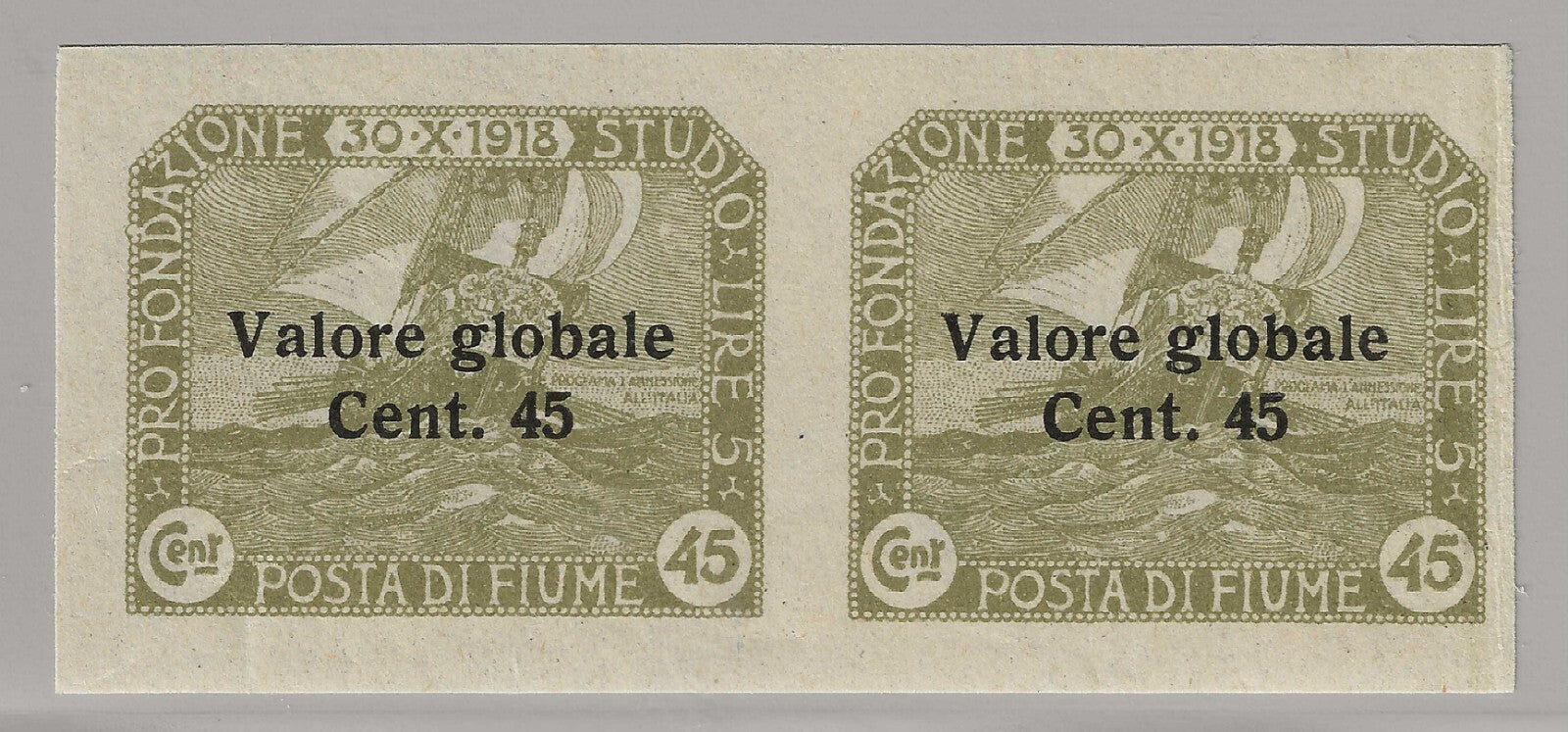 TS Collezionismo Filatelia Fiume 45 c. coppia non dentellata verde