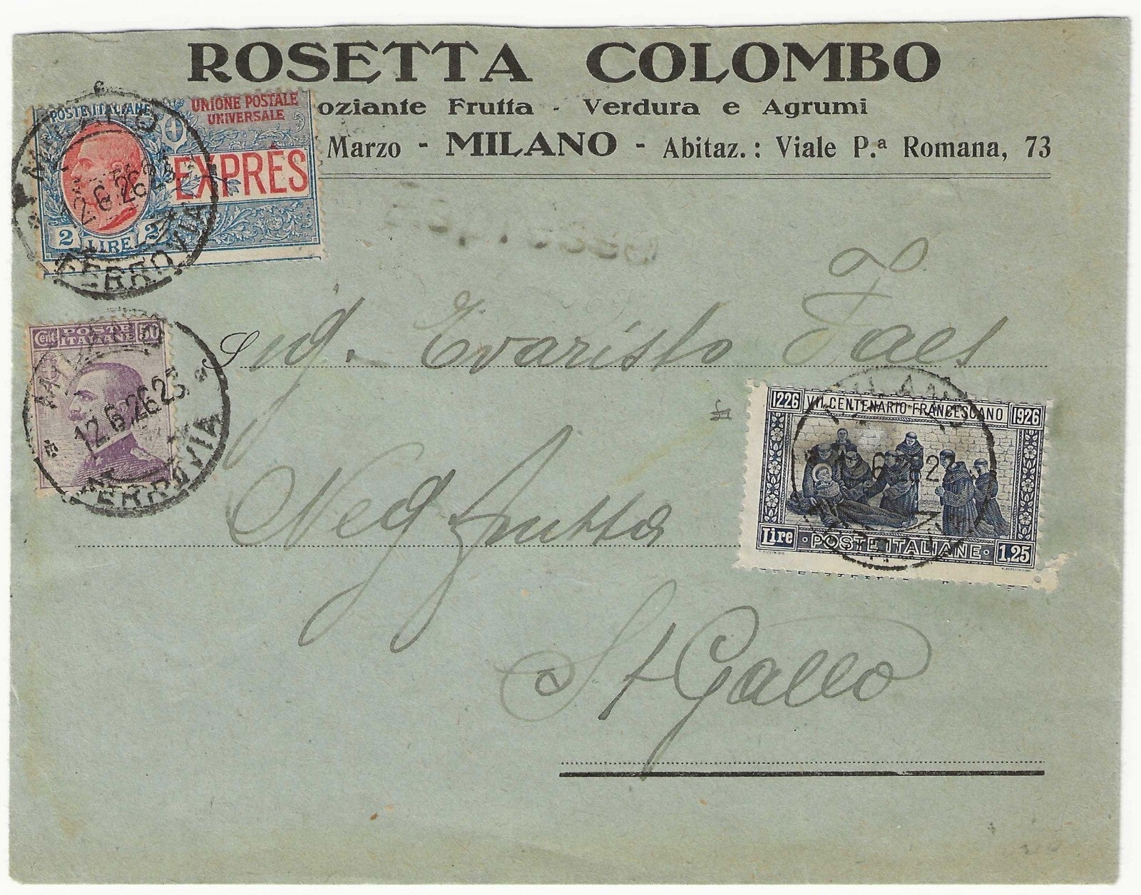 Regno d'Italia 1926 Espresso Svizzera busta S.Francesco rara
