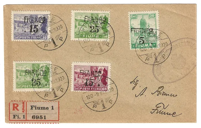 Filatelia Fiume 1920 Busta Raccomandata Allegorie Carta C Usata
