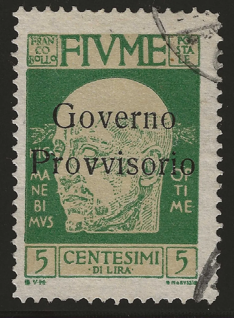 TS Collezionismo Filatelia Fiume 5 cent francobollo usato senza trattino