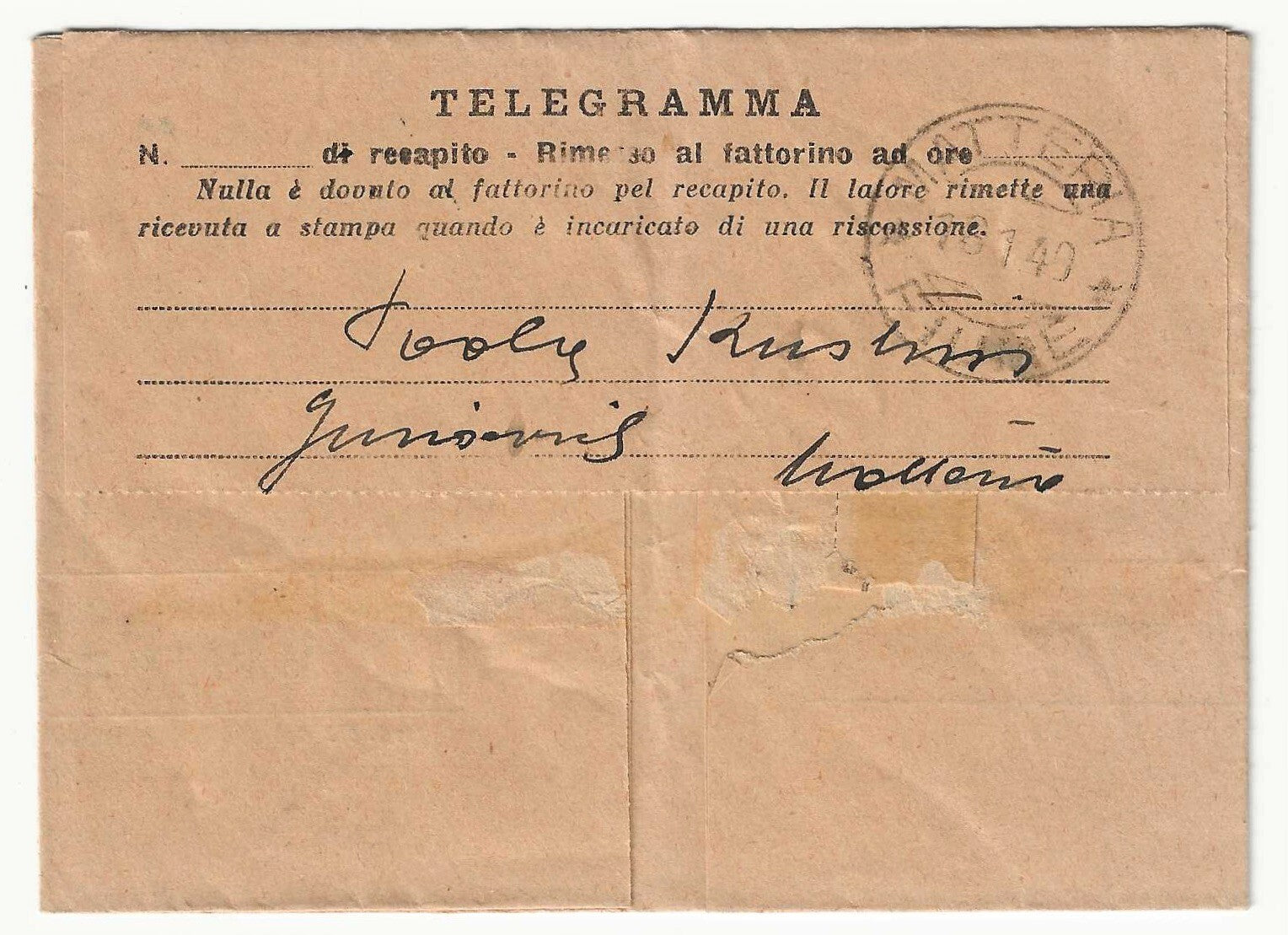 Fiume Telegramma Matteria 16.1.1940 storia postale usato
