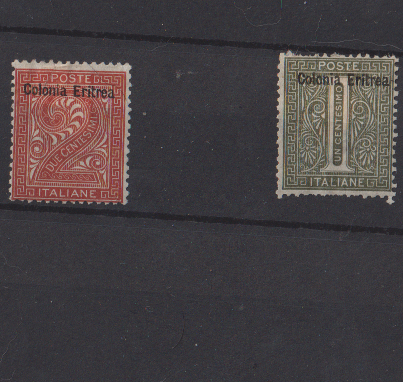 Regno d'Italia 1+2 cent De La Rue Eritrea francobolli MH