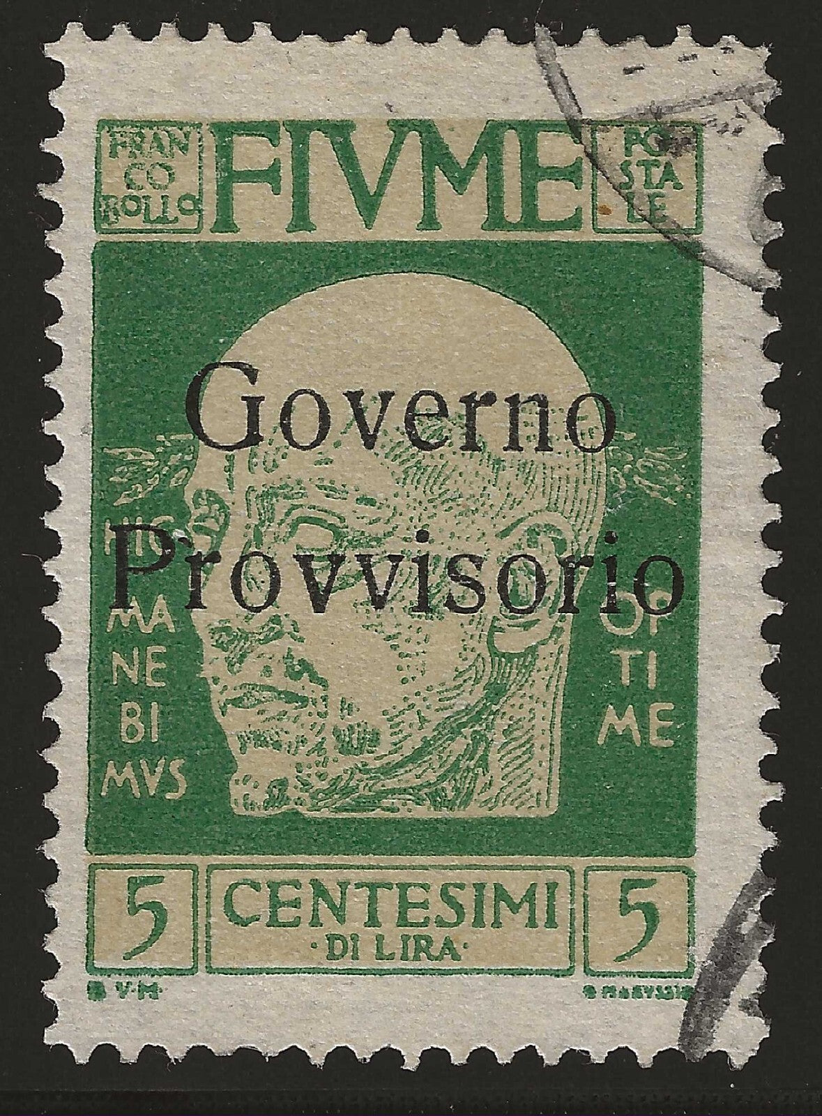 TS Collezionismo Filatelia Fiume 5 cent francobollo usato senza trattino