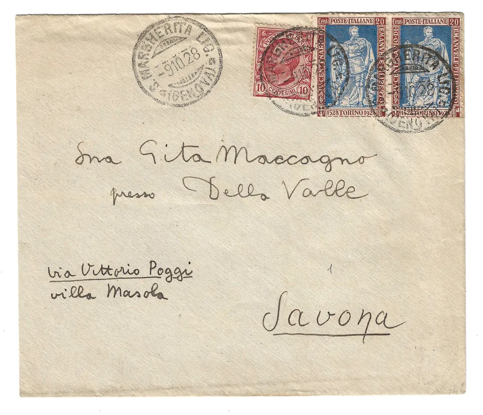 TS Collezionismo Filatelia Busta 1928 Savona Emanuele Filiberto 20c