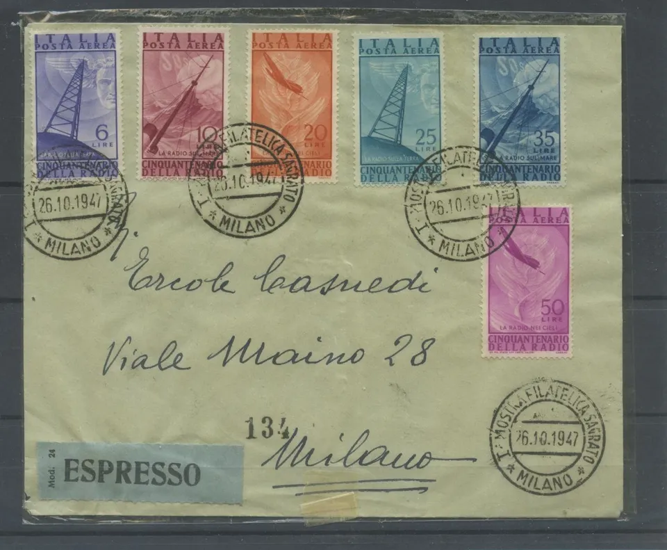 TS Collezionismo Filatelia Repubblica 1947 busta Radio 6 valori usato