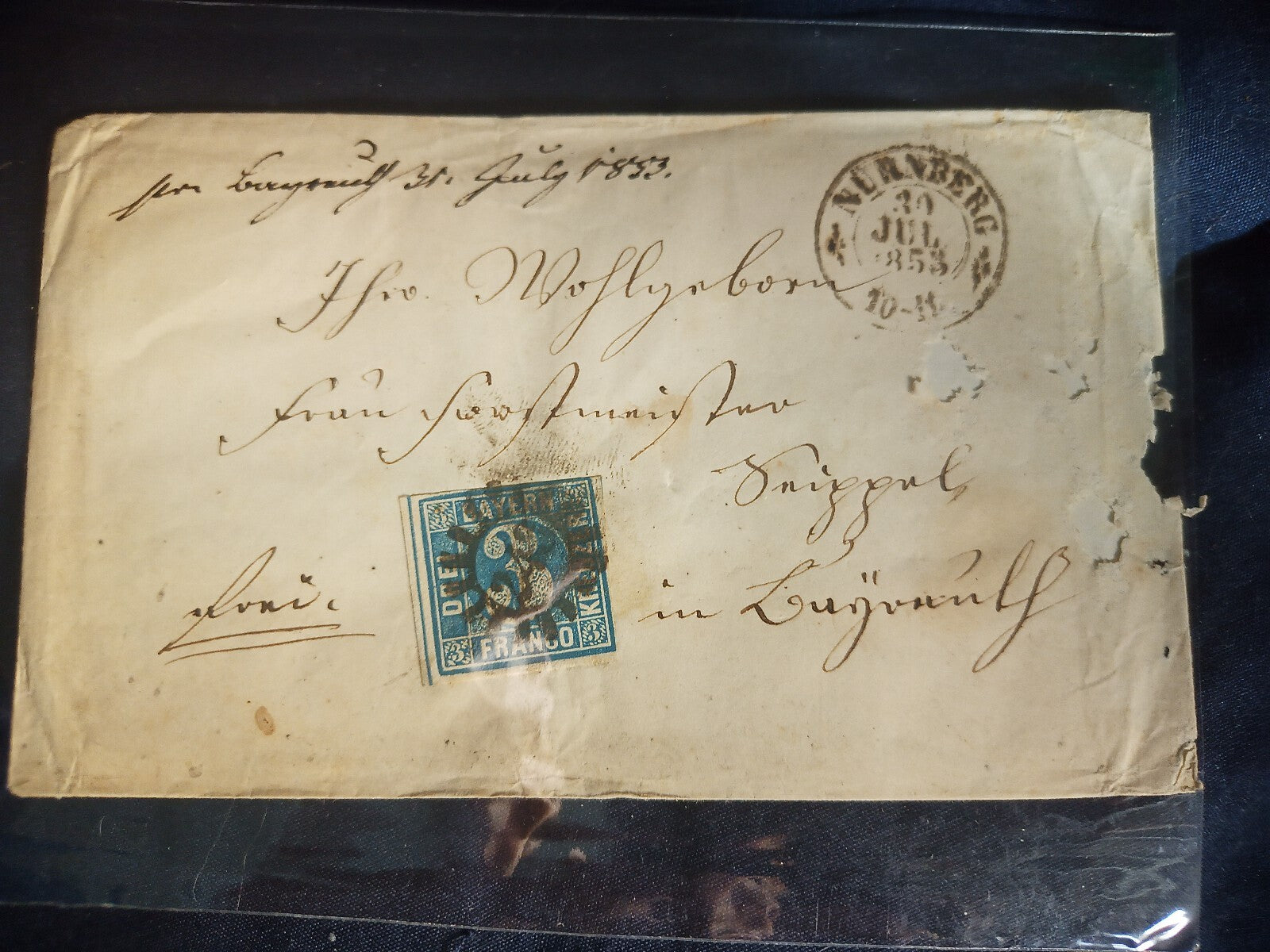 TS Collezionismo Filatelia Baviera 3 Kreuzer lettera Norimberga 1853