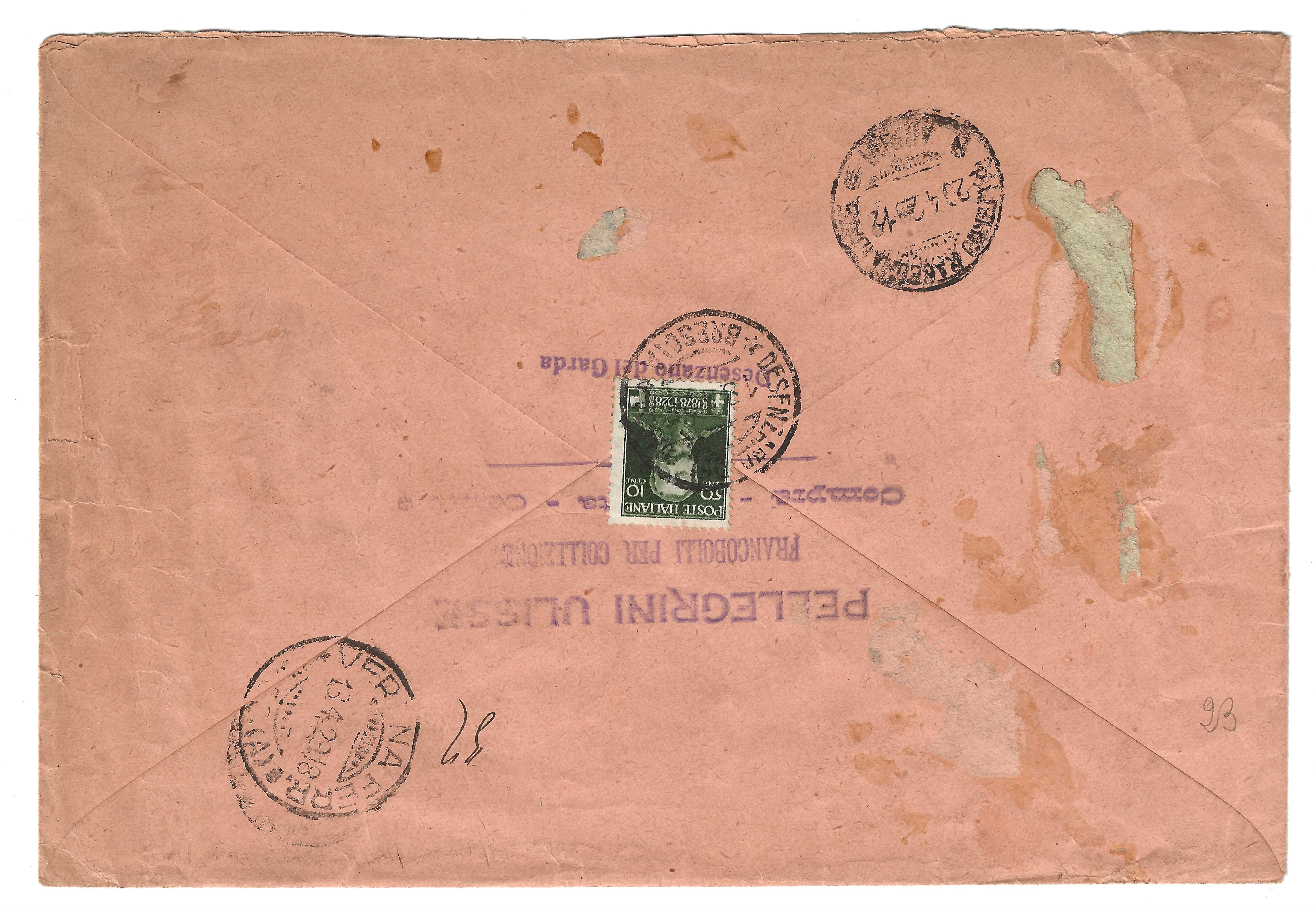 Busta 1929 Palermo Vittorio Emanuele 50+10c Raccomandata Firmata