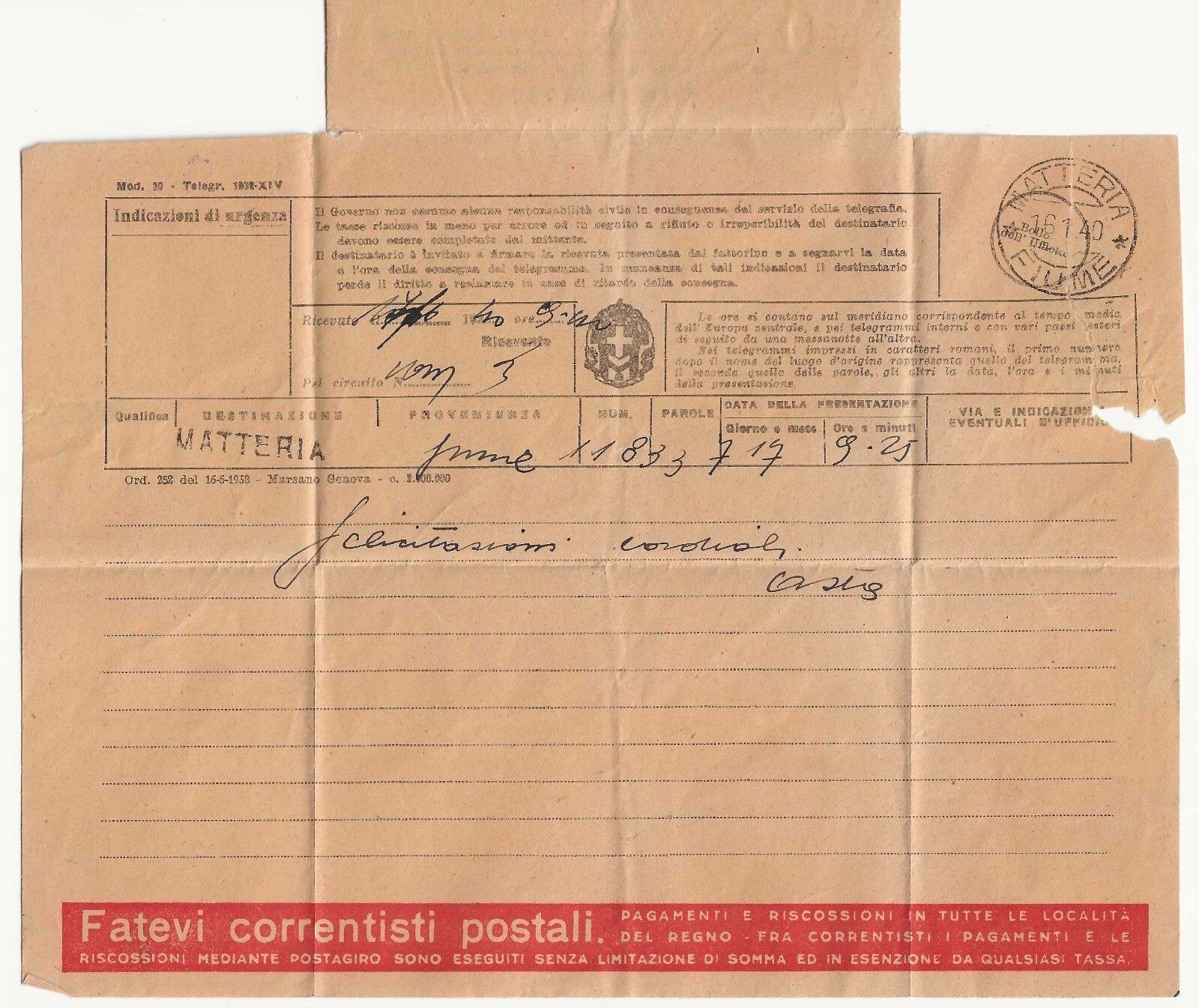 Fiume Telegramma Matteria 16.1.1940 storia postale usato