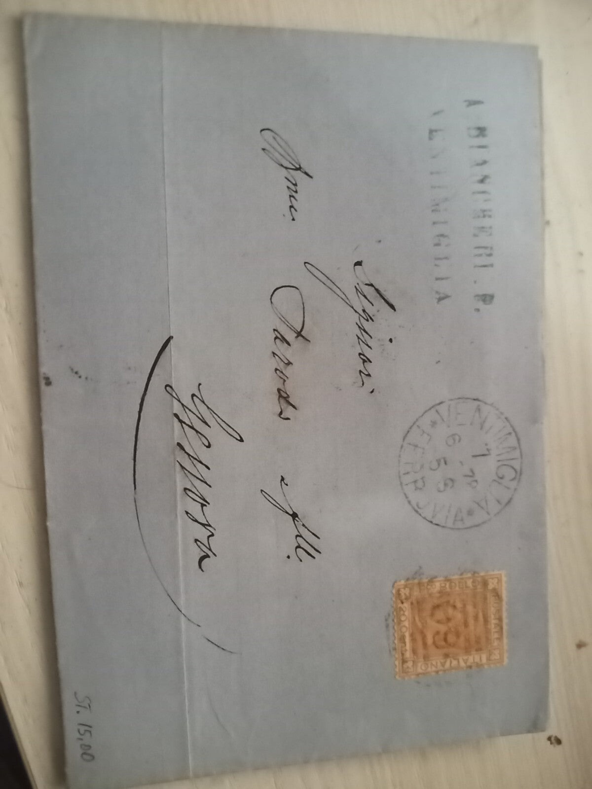 TS Filatelia Regno 20 Cent De La Rue giallo busta 1878 Ventimiglia